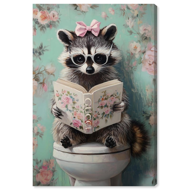 Petite Floral Toilet Raccoon Canvas by Art Remedy, Gallery Wrapped - 36" x 54"