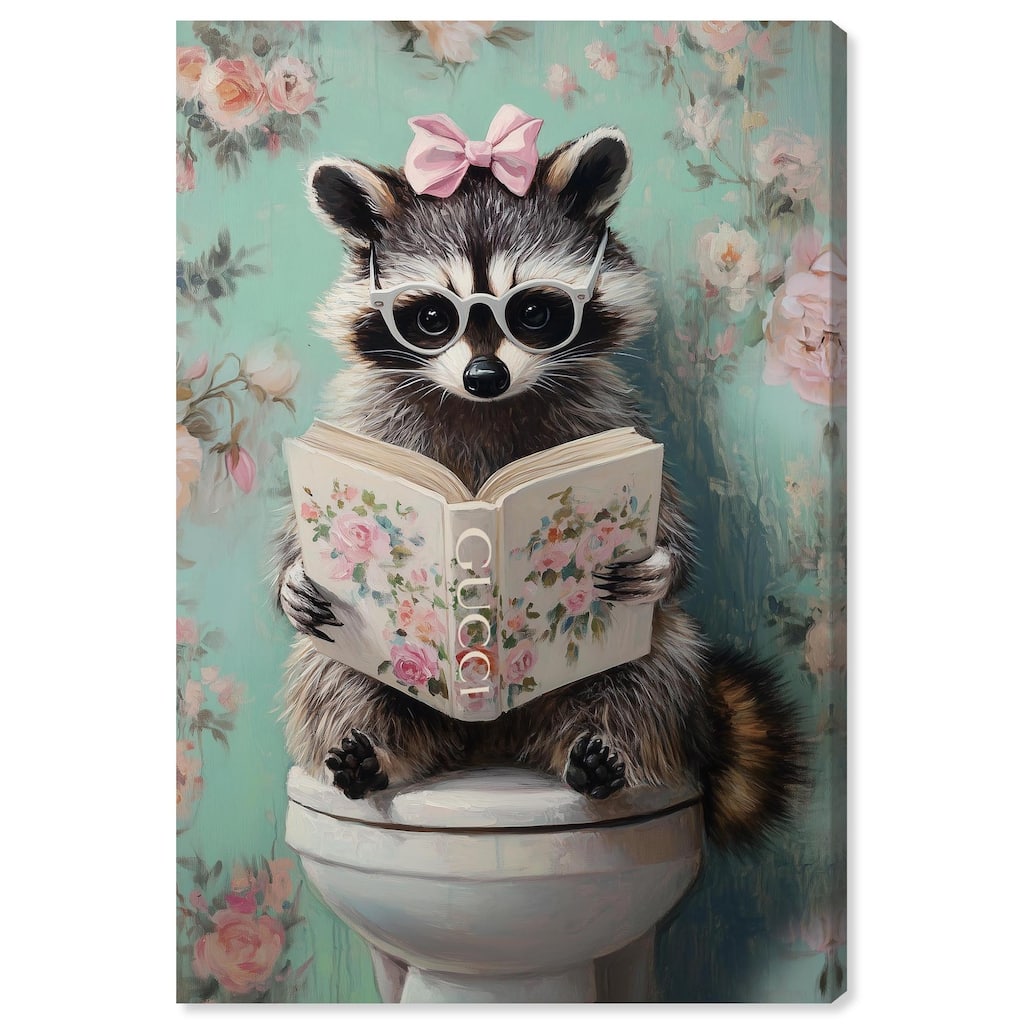 Petite Floral Toilet Raccoon Canvas by Art Remedy, Gallery Wrapped