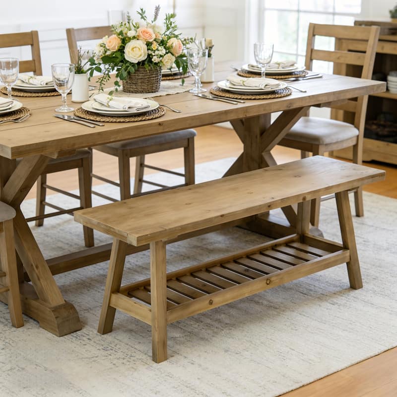 43" Farmhouse Wood Bench, 2-Tier Entryway Bench, Narrow Rustic Storage Bench with Open Storage Shelf for Entryway, Hallway