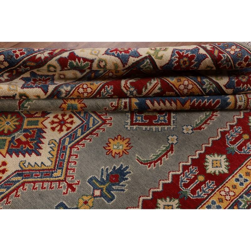 Geometric Grey Kazak Area Rug Handmade Bedroom Wool Carpet - 6'10" x 10'3"
