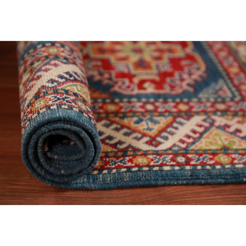 Blue Geometric Kazak Foyer Rug Traditional Handmade Wool Carpet - 2'8"x 3'11"