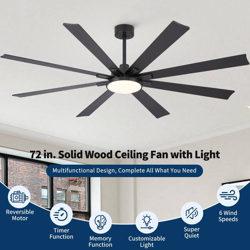 72 Inch Modern Minimalist Ceiling Fan with Light, Solid Wood Blades, Quiet Reversible DC Motor, Remote, 6 Speeds