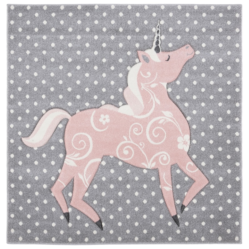 SAFAVIEH, Carousel Kids Mareke Unicorn Rug - 6'7" Square - Grey/Ivory/Pink