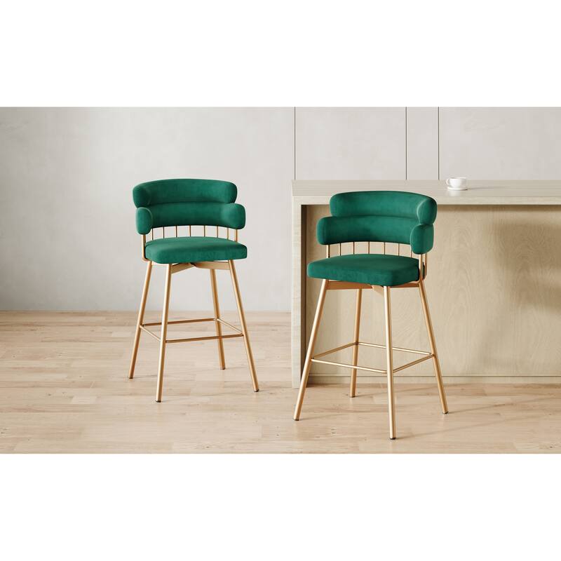 Roomfitters 26-Inch Swivel Counter Height Bar Stools Set of 2, Modern Industrial Upholstered Bucket Seat with Golden Legs, Green