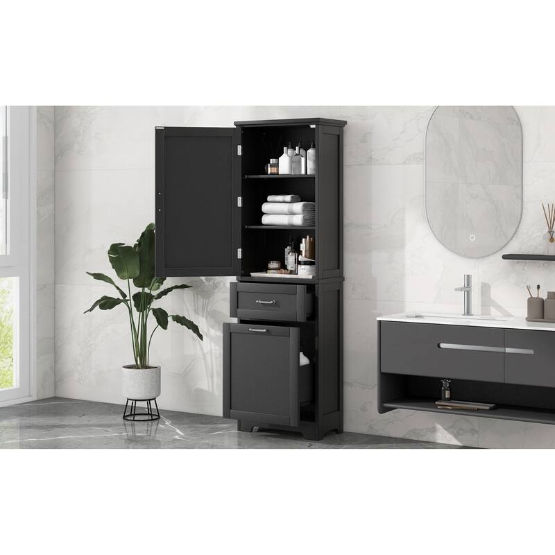 Roomfitters 63" Tall Bathroom Storage Cabinet, Freestanding Linen Tower with 2 Drawers and Adjustable Shelves, Black