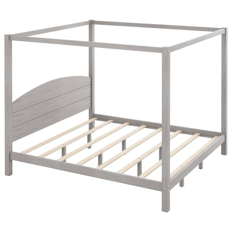 Four Poster Canopy Bed with Built-in Headboard and Support Legs King Size Bed Frame with Wooden Slat Support for Bedroom