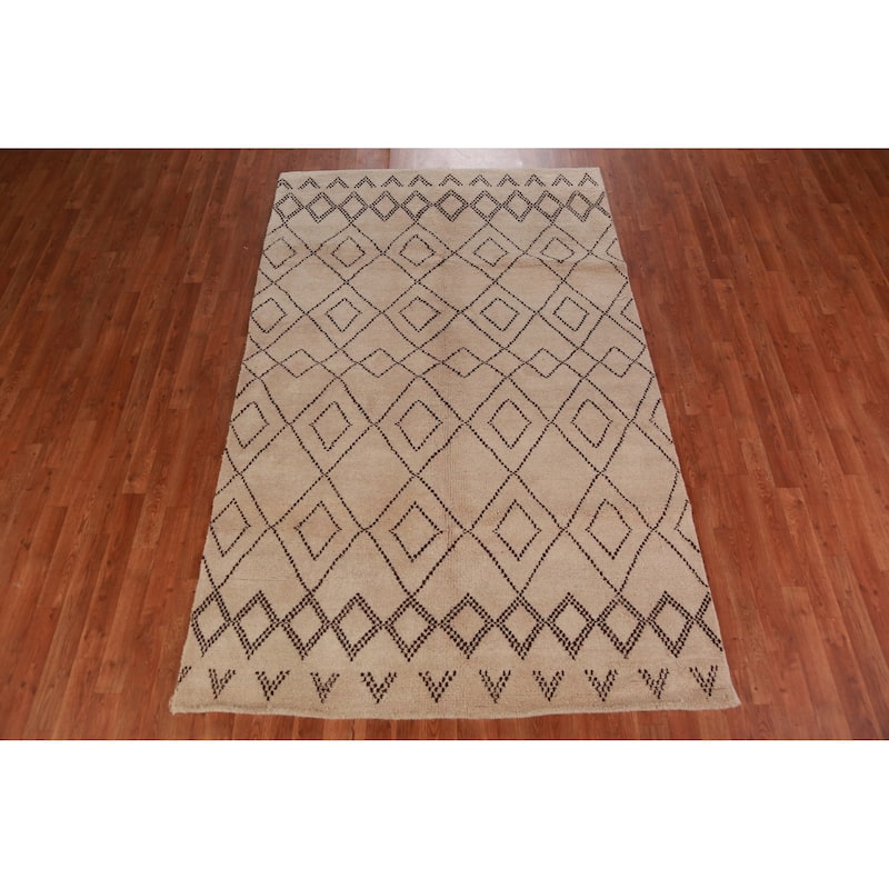 Hand Knotted Oriental 100% Wool Carpet Modern Geometric Beige & Ivories Moroccan Area Rug - 8' 0'' X 5' 0''