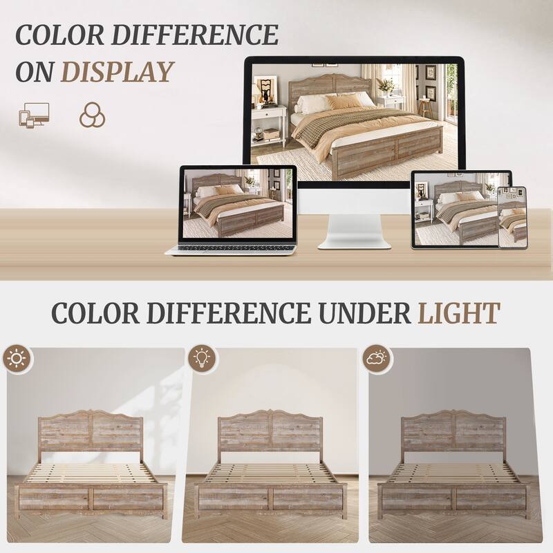 Modern Bed Solid Wood Platform Bed Frame Queen/King Size Bed with Headboard and Wood Slat Support for Bedroom