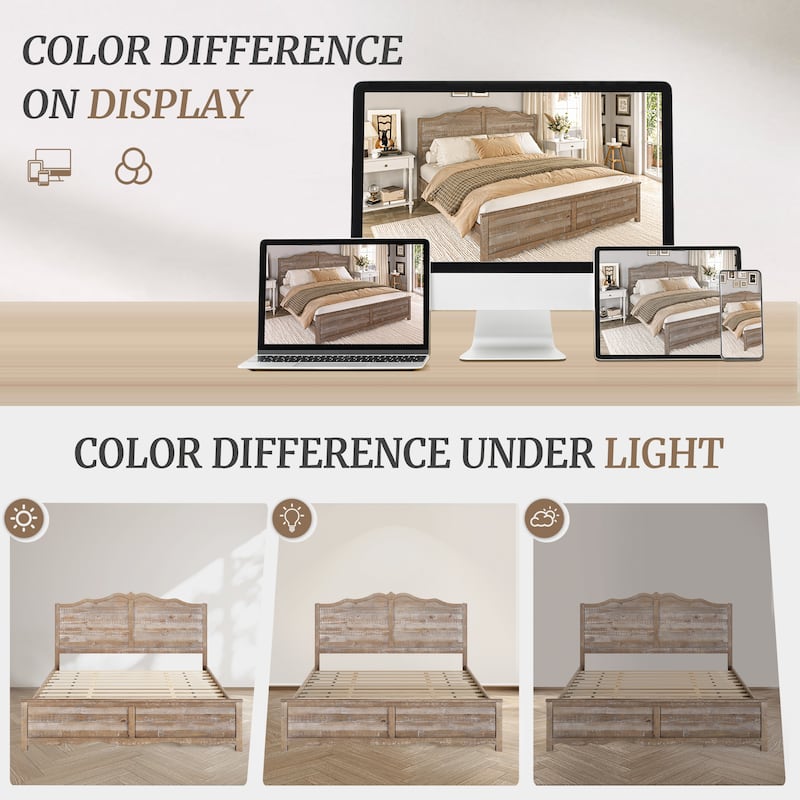 Traditional Solid Wood Bed Frame with Queen/King Size Platform Bed with Headboard for Bedroom