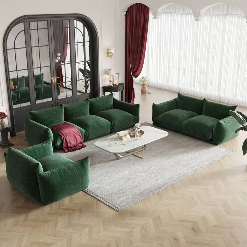 Modern Chenille Upholstery 3 Pieces Sofa Sets for Living Room Include Armchair, Loveseat and Three Seaters Couch - Green