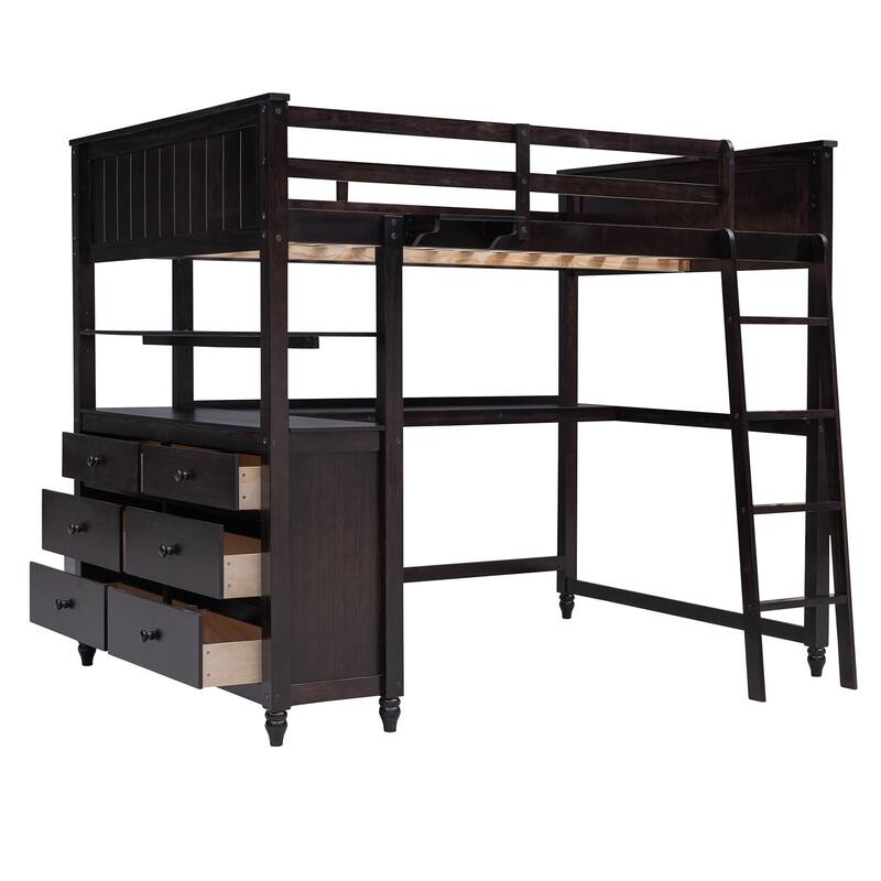 Full size Loft Bed with Drawers and Desk, Wooden Loft Bed with Shelves