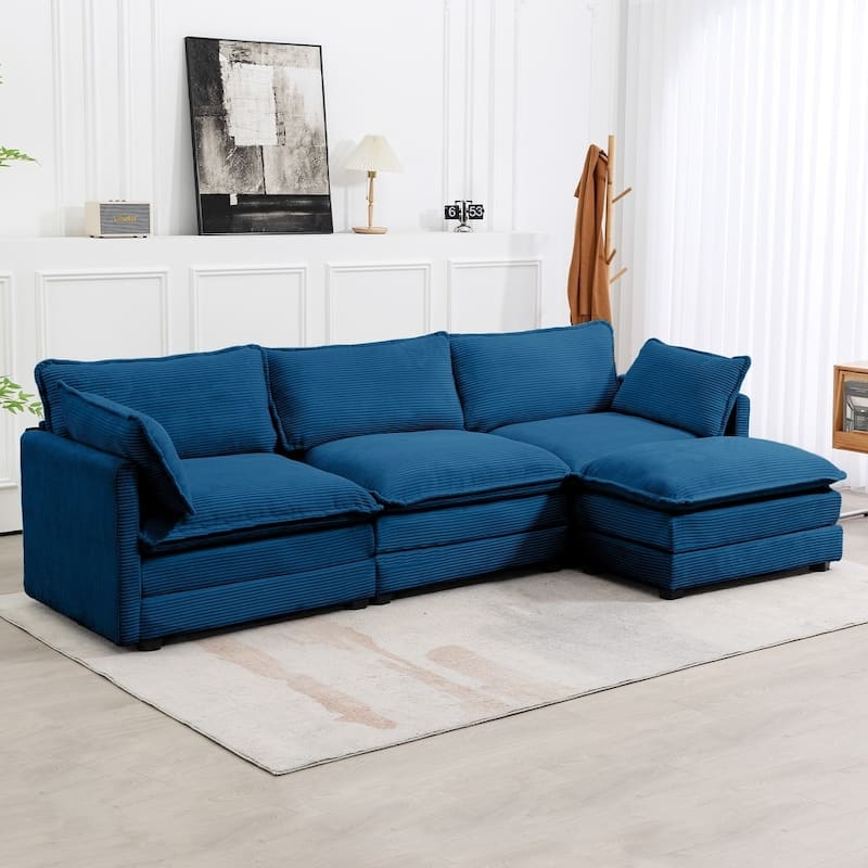 Corduroy Sectional Sofa with Removable Ottomans & Ultra-soft Cushions for Living Room & Bedroom - 3 Seats with 1 Ottoman - Navy
