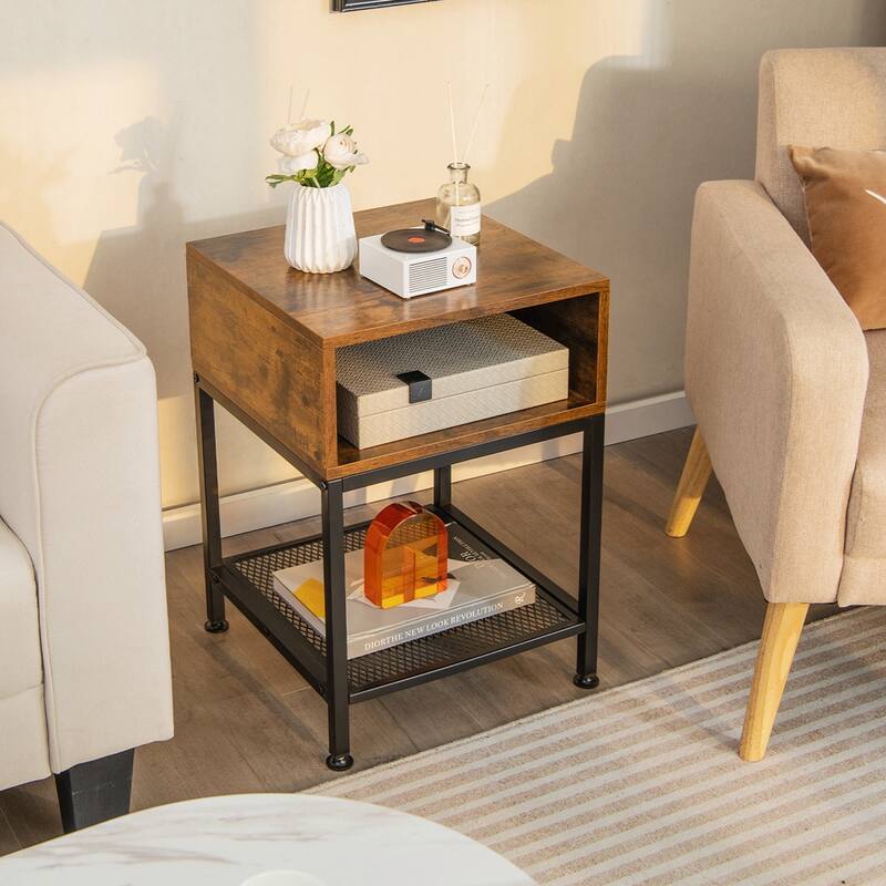 2 PCS 3-tier Wood Top End Table w/ Metal Frame Storage Cube & Mesh - See Details