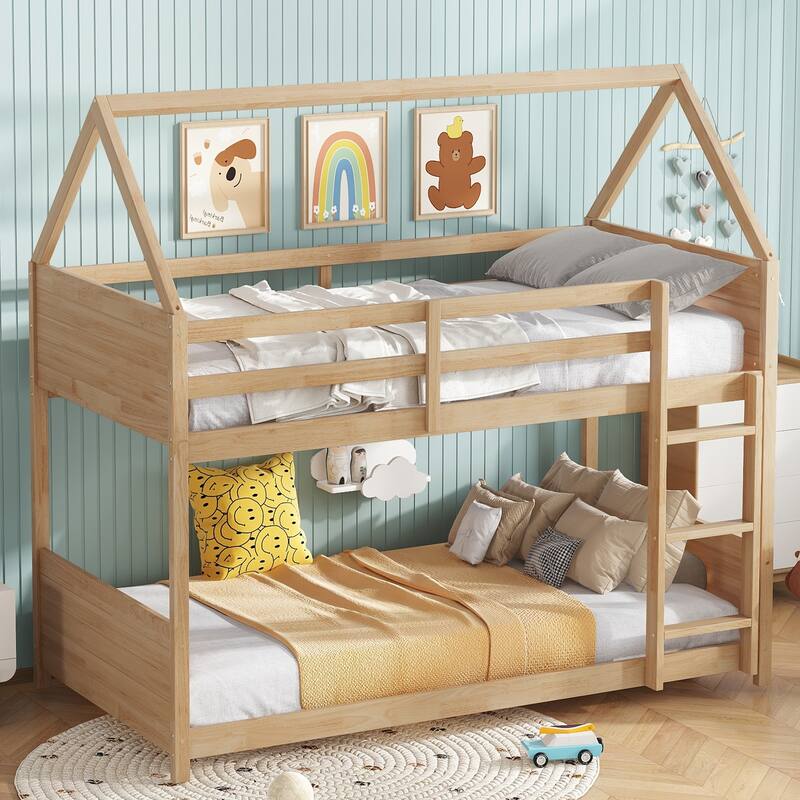 Twin Over Twin House Floor Bunk Bed with Headboards, Footboards and Guardrails, Ladder, with Safety Guardrails