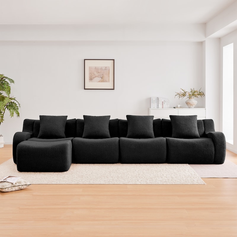 Oversized Sectional Sofa with Ottoman for Living Room, 118" Modern Floor Teddy Fabric Sofa L-Shape Couch with 4 Throw Pillows