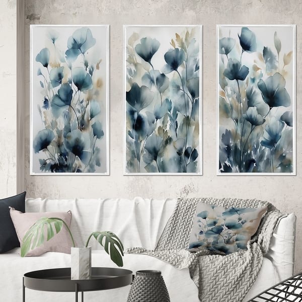 slide 2 of 8, Designart "Blue Leaf Foliage And Flowers III" Floral Leaves Framed Wall Art Set Of 3 For Home Decor 38 in. wide x 20 in. high - 3 Panels - White