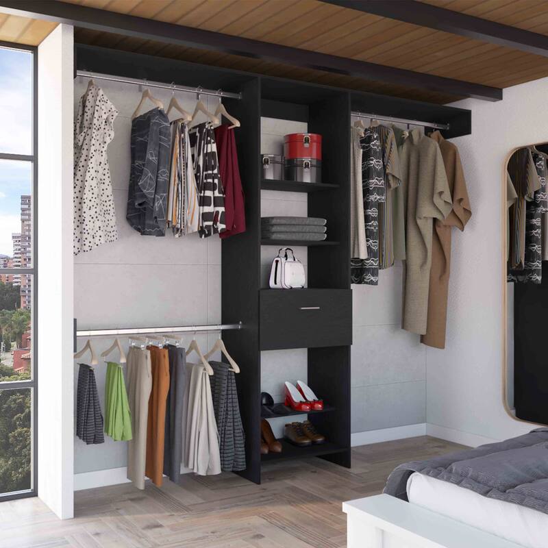 Closet System, Five Open Shelves, One Drawer, Three Metal Rods - Black