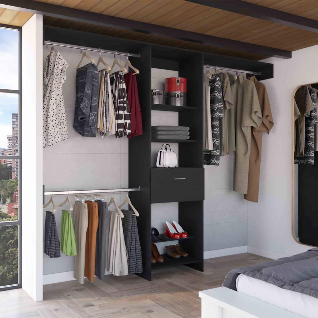 Closet System, Five Open Shelves, One Drawer, Three Metal Rods