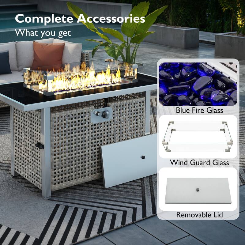 43" 60000 BTU Propane Wicker Gas Fire Pit Table w/ Glass Wind Guard
