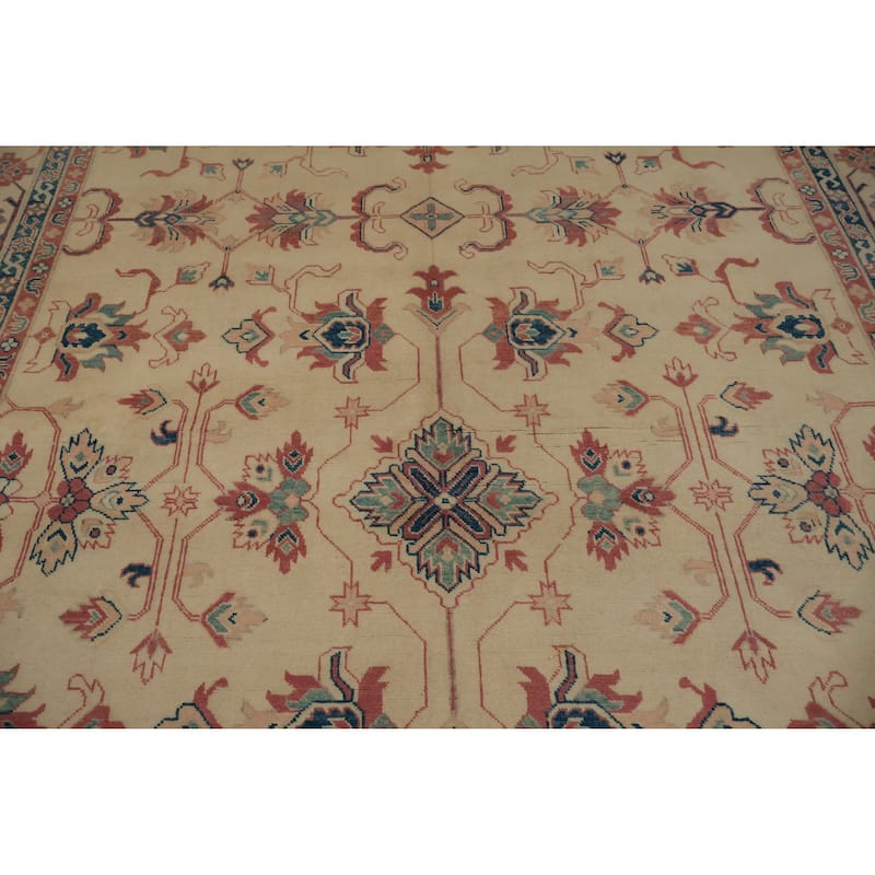 Hand Knotted Oriental 100% Wool Carpet Traditional Geometric Beige & Ivories Kazak Area Rug - 9' 10'' X 8' 2''
