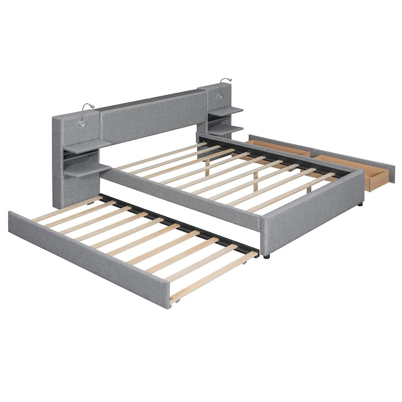 Queen Size Upholstered Platform Bed with Drawers Trundle and Shelves