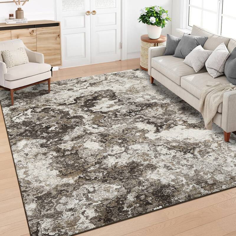 Machine Washable Area Rugs for Living Room, Modern Abstract Bedroom Rug, Low Pile Non-Slip Carpet - 9'x12' - Brown