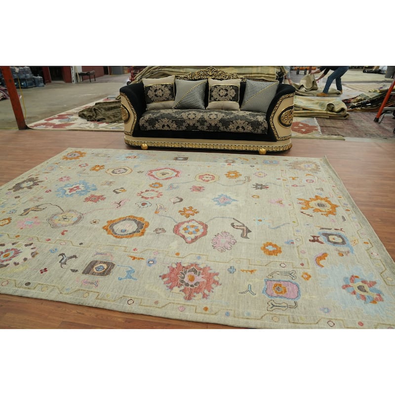 Vegetable Dye Wool Oushak Turkish Area Rug, Flora Geometric Carpet - 12' 2'' X 9' 5''