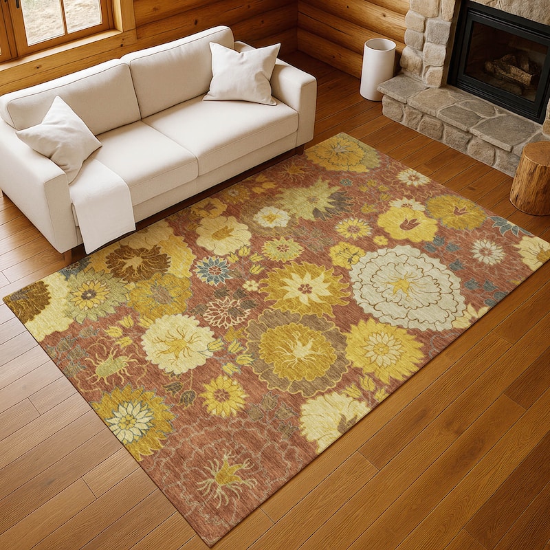 Machine Washable Indoor/ Outdoor Modern Floral Chantille Rug