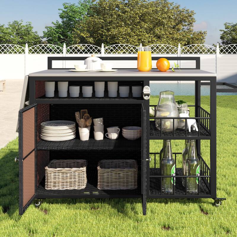 Roomfitters 63.5" Outdoor Kitchen Island Grill Cart with Foldable Side Tabletop and Ample Storage, Dark Brown