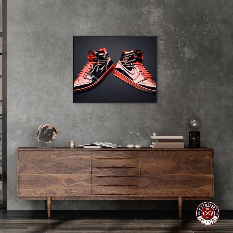 Notoriart Red Sneakers On Display Framed Sneaker 1 Piece Canvas Wall Art