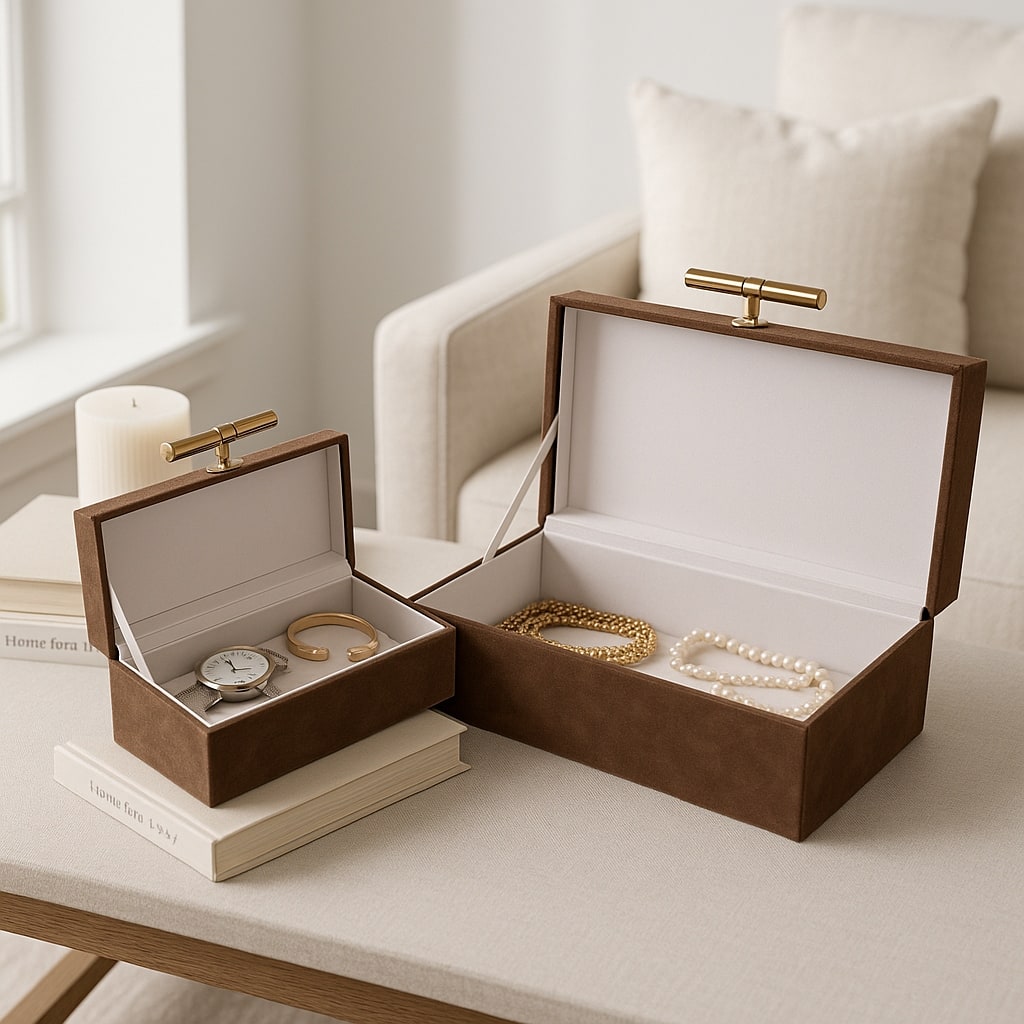 Decorative Retangular Suede Box with Lid - Set of 2, 14", Brown - 14.0"