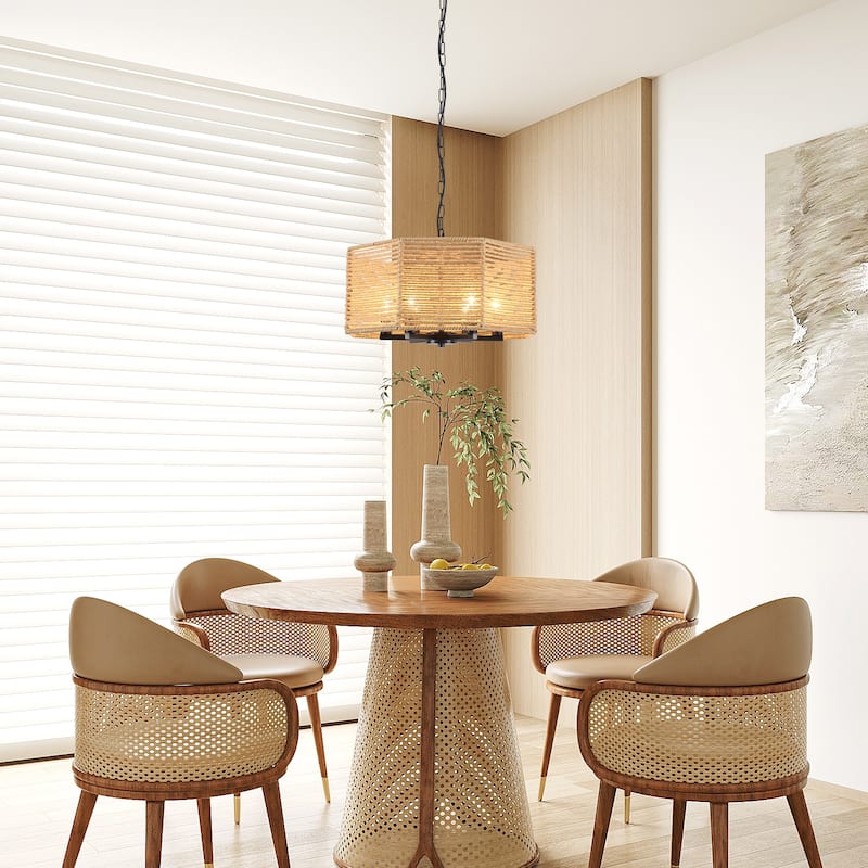 18.89-inch Bohemian-style 6-light octagonal metal chandelier with twine lampshades and adjustable height