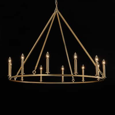 12-Light Modern Industrial Gold Candle Style Hanging Light Large Round Wagon Wheel Chandelier for Living/Dining Room