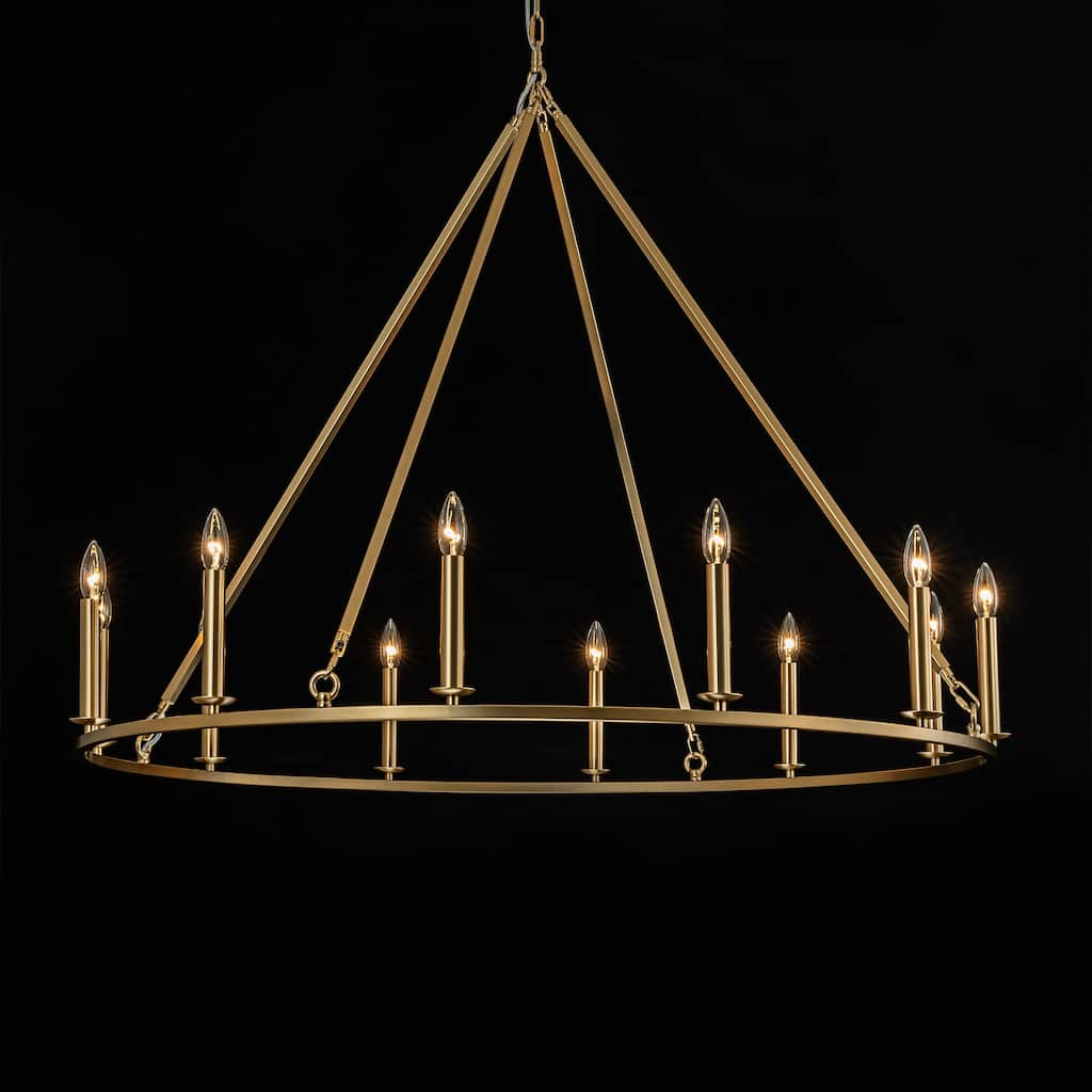 12-Light Modern Industrial Gold Candle Style Hanging Light Large Round Wagon Wheel Chandelier for Living/Dining Room