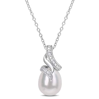 Miadora Sterling Silver Cultured Freshwater Pearl & Diamond Accent Swirl Drop Necklace (8.5-9mm)
