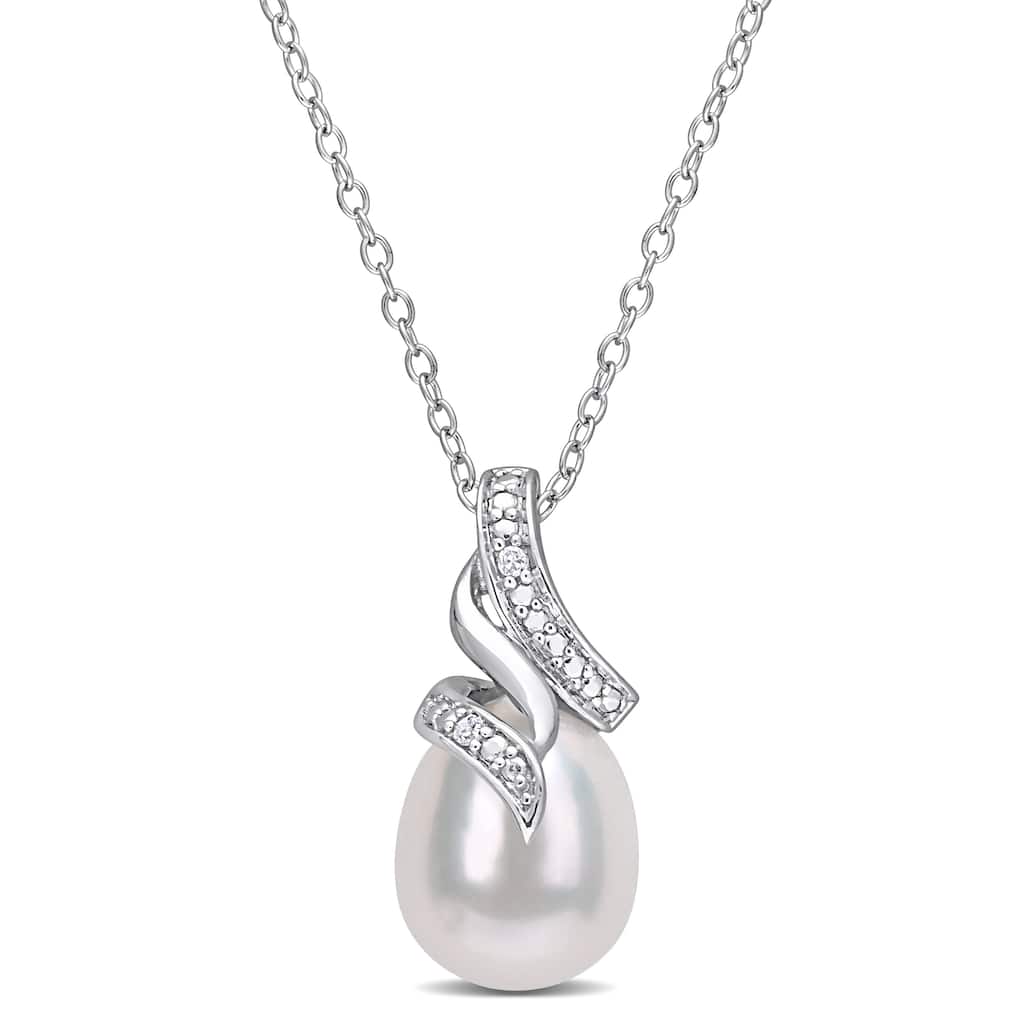 Miadora Sterling Silver Cultured Freshwater Pearl & Diamond Accent Swirl Drop Necklace (8.5-9mm)