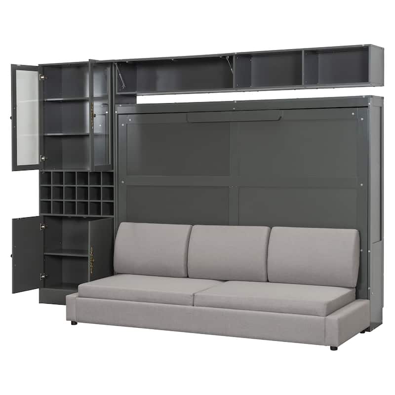 Queen Size MDF Murphy Bed with Sofa, Shelves and USB Charging Station