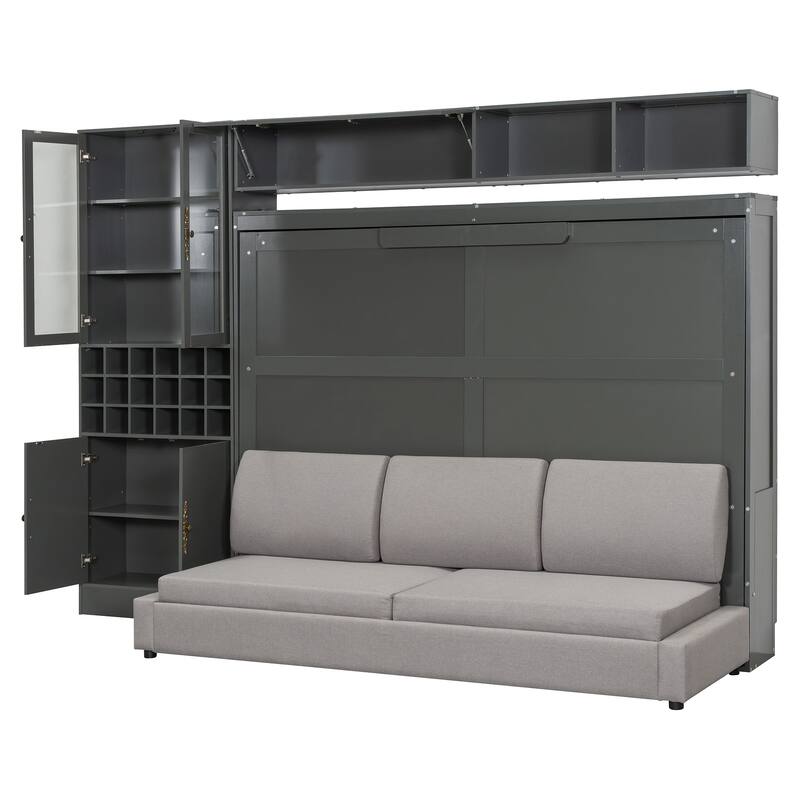 Queen Size Wall Bed with Sofa, Shelves, USB & Light in Gray