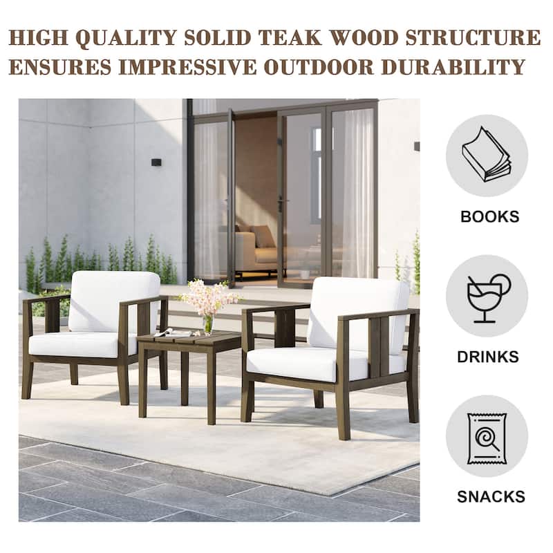 Uixe 3-piece Teak Solid Wood Outdoor Arm Chairs with Side Table Set