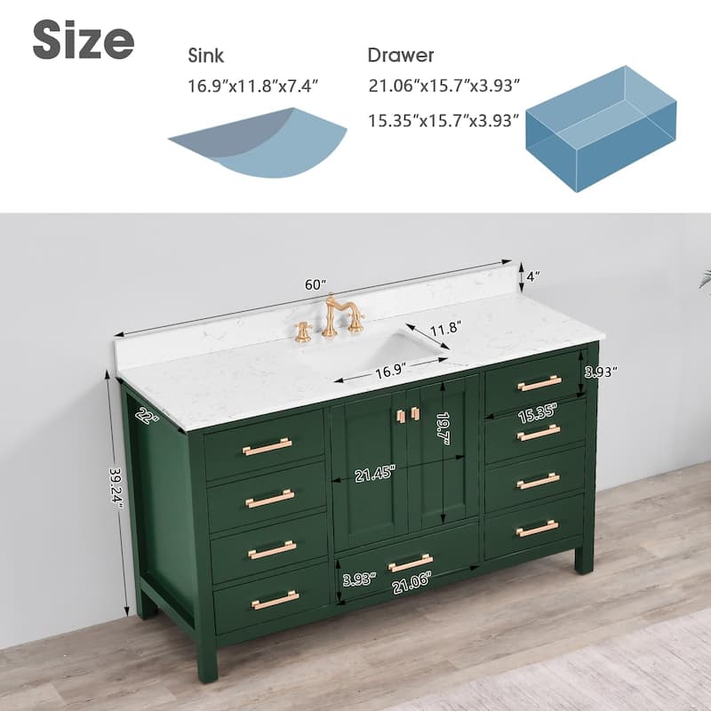 OpalithD 60 in. Bathroom Vanity with Single Sink, Wood Bath Cabinet with Top