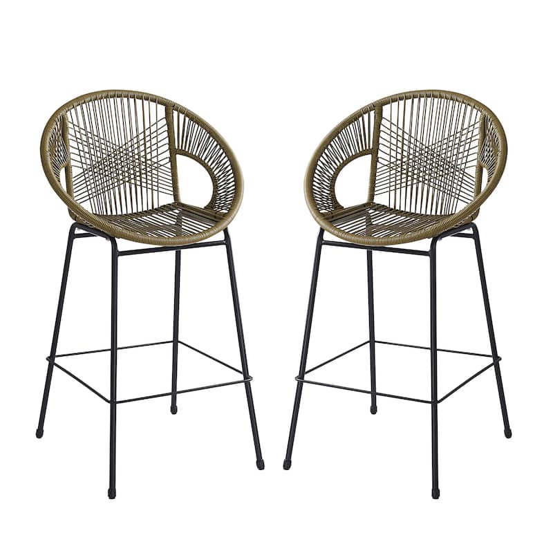 Ferrara Outdoor Patio Green Faux Wicker Barstool, Set of 2