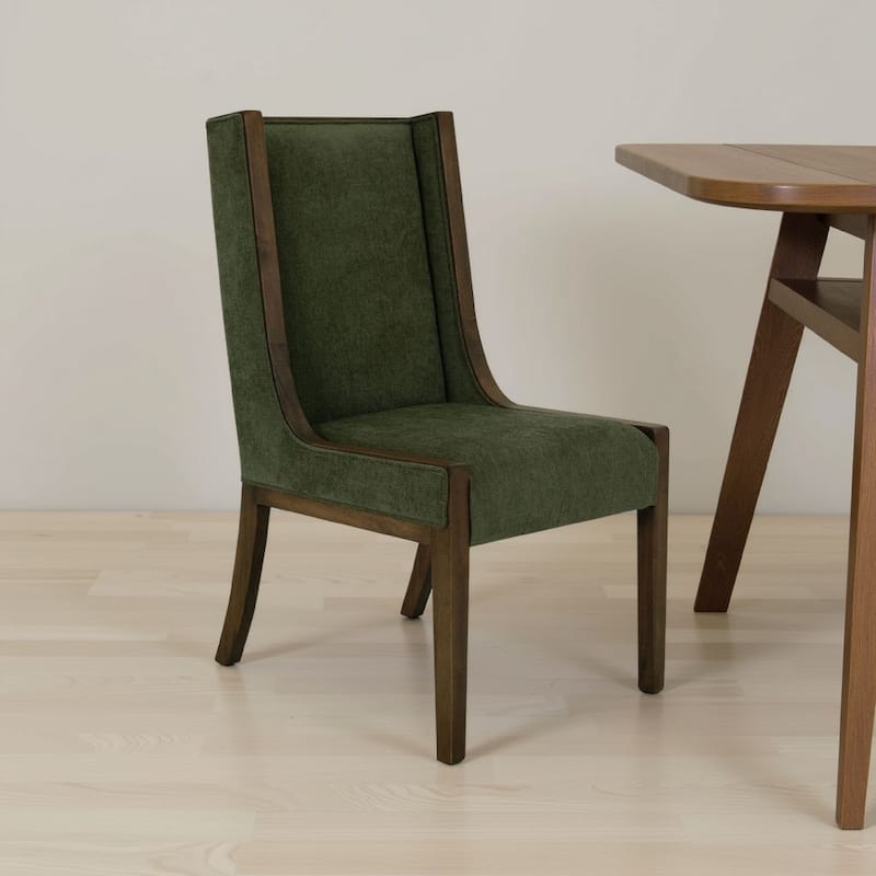 Okai Dining Chair Set of 2, Olive Green Polyester Wingback, Brown Wood