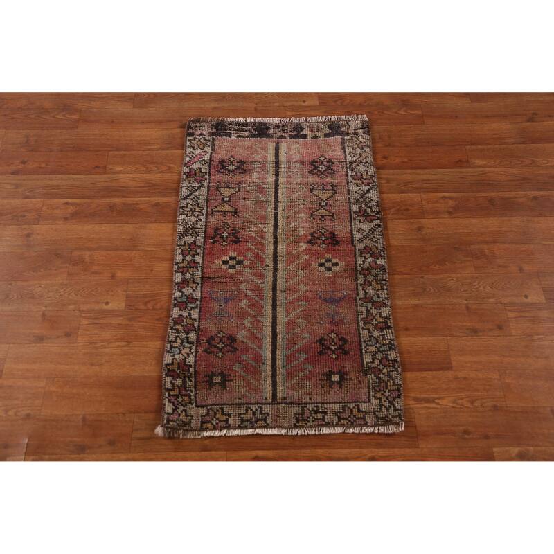 Hand Knotted Oriental 100% Wool Carpet Transitional Tribal Pink Anatolian Area Rug - 2' 11'' X 1' 9''