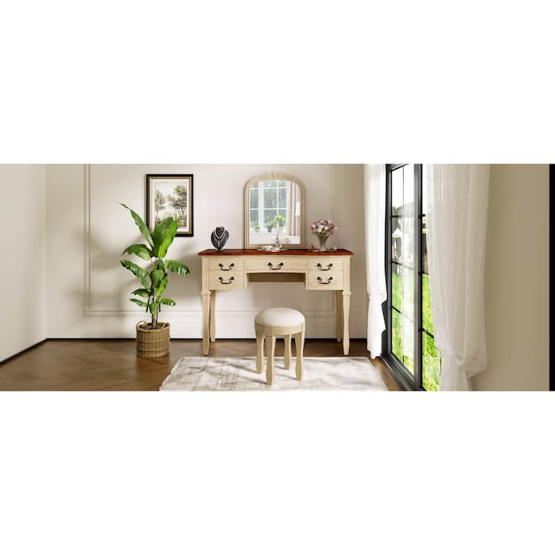 Roomfitters 46" Makeup Vanity with Mirror and Stool, French Country Dressing Table Desk with 5 Drawers, Brown+Antique White