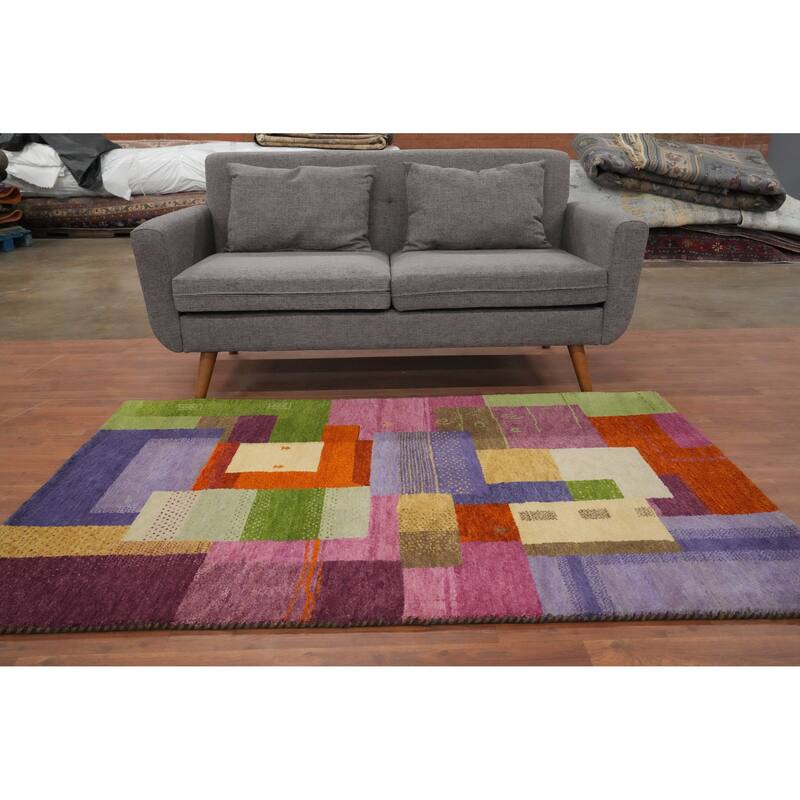 Hand Knotted Oriental 100% Wool Carpet Modern Geometric Multi-Colored Gabbeh Area Rug - 6' 0'' X 4' 0''