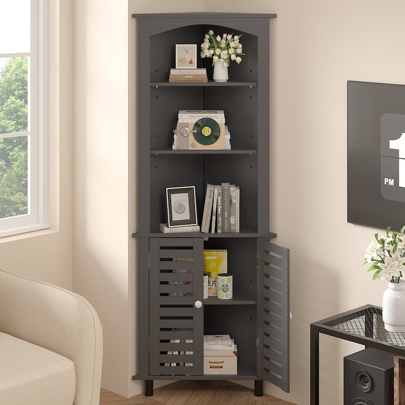 VECELO 68.5" Tall Triangle Corner Bookcase with Adjustable Open Shelves Magnetic Shutter Doors Storage Cabinet for Living Room