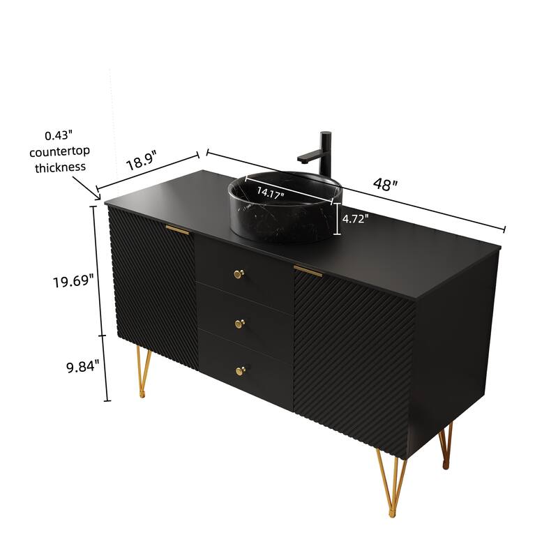 GDFStudio - Gema 48" Freestanding Bathroom Vanity with Black Sintered Stone Top, Gold Legs & Ceramic Basin