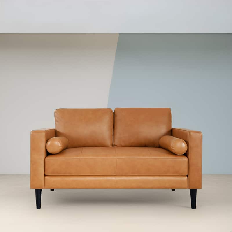 Luxury Cowhide Leather Loveseat with Firm Cushions, Spacious 2-Seat Design, and Bolster Pillows