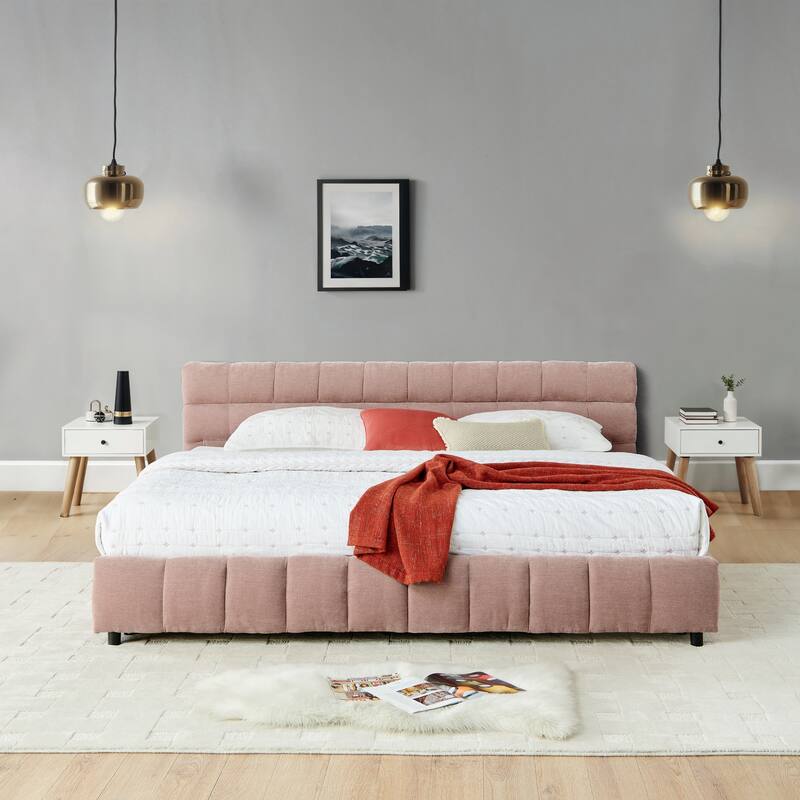 Block Thick Chenille Low Profile Platform Bed Fabric Upholstered Bedframe with Headboard Solid Wood Frame - Optional Storage Bed