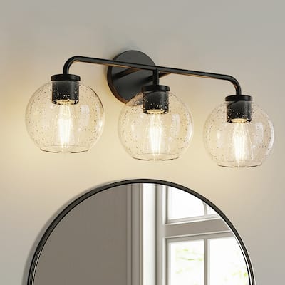 YANSUN 22.6in 3-Light Black Vanity Light with Bubble Glass Globe Shades, Modern E26 Wall Sconce for Bathroom Lighting and Mirror